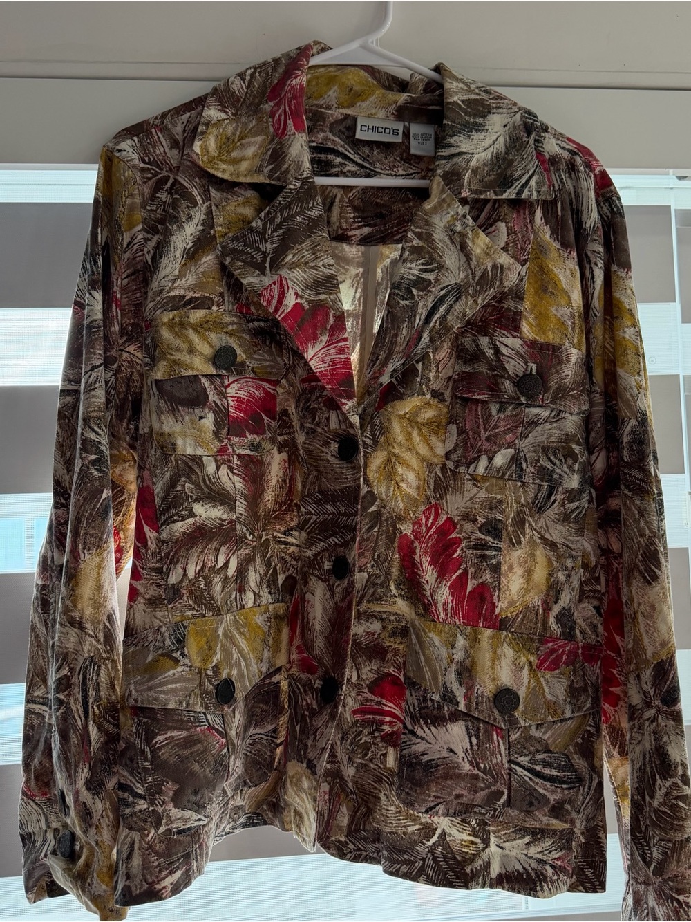 Chico's Multicolor Leaf-Print Jean Jacket — Brown, Red & Yellow